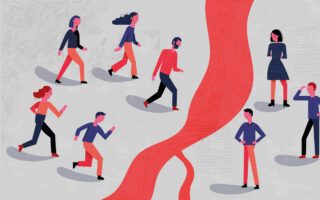 Ein Bild, auf dem verschiedene Personengrupppen durch eine rote dicke Linie in der Mitte des Bildes getrennt werden.