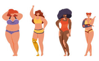 Das Bild zeigt verschiedene weiblich gelesene Körper, eine Person ist dick, eine Person ist Schwarz und hat auffällige Pigmentstörungen, eine weitere Frau hat nur einen Arm und trägt am anderen eine Prothese.