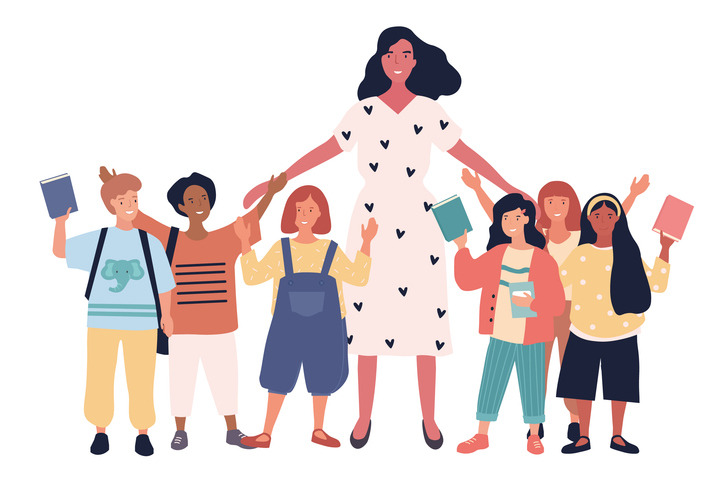 Eine Schwarze Erzieherin in der Mitte des Bildes, die ihre Hände schützend über eine Gruppe verschiedener Kinder hält.