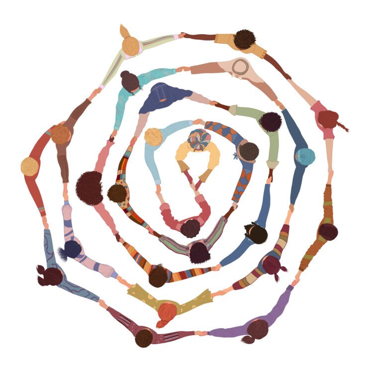 Ein Bild, auf dem sich verschiedene Personen an den Händen halten und damit einen Kreis Bilden. Es sind verschiedene Kreise inneinander.
