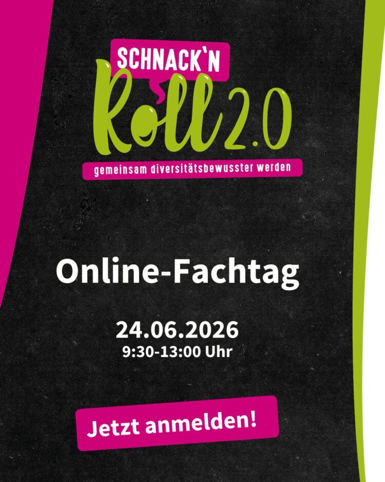 Auf diesem Bist das Projektlogo von Schnack'n Roll 2.0 zu sehen und das Datum und die Uhrzeit der Online-Tagung.