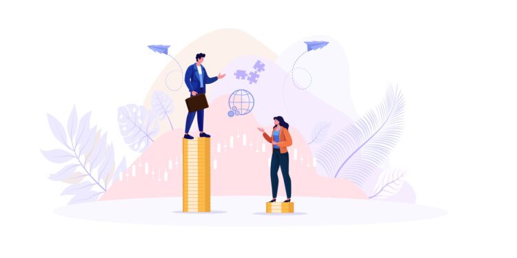 Ein Mann und eine Frau sind auf dem Bild zu sehen. Der Mann steht deutlich erhöht auf sehr viel mehr Geld als die Frau, die deutlich unter ihm positioniert ist.
